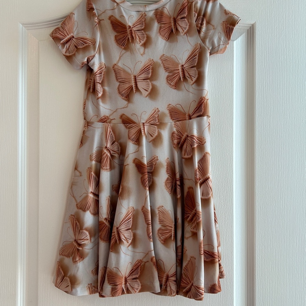 Butterfly Print Kids Dress - Cream and Brown